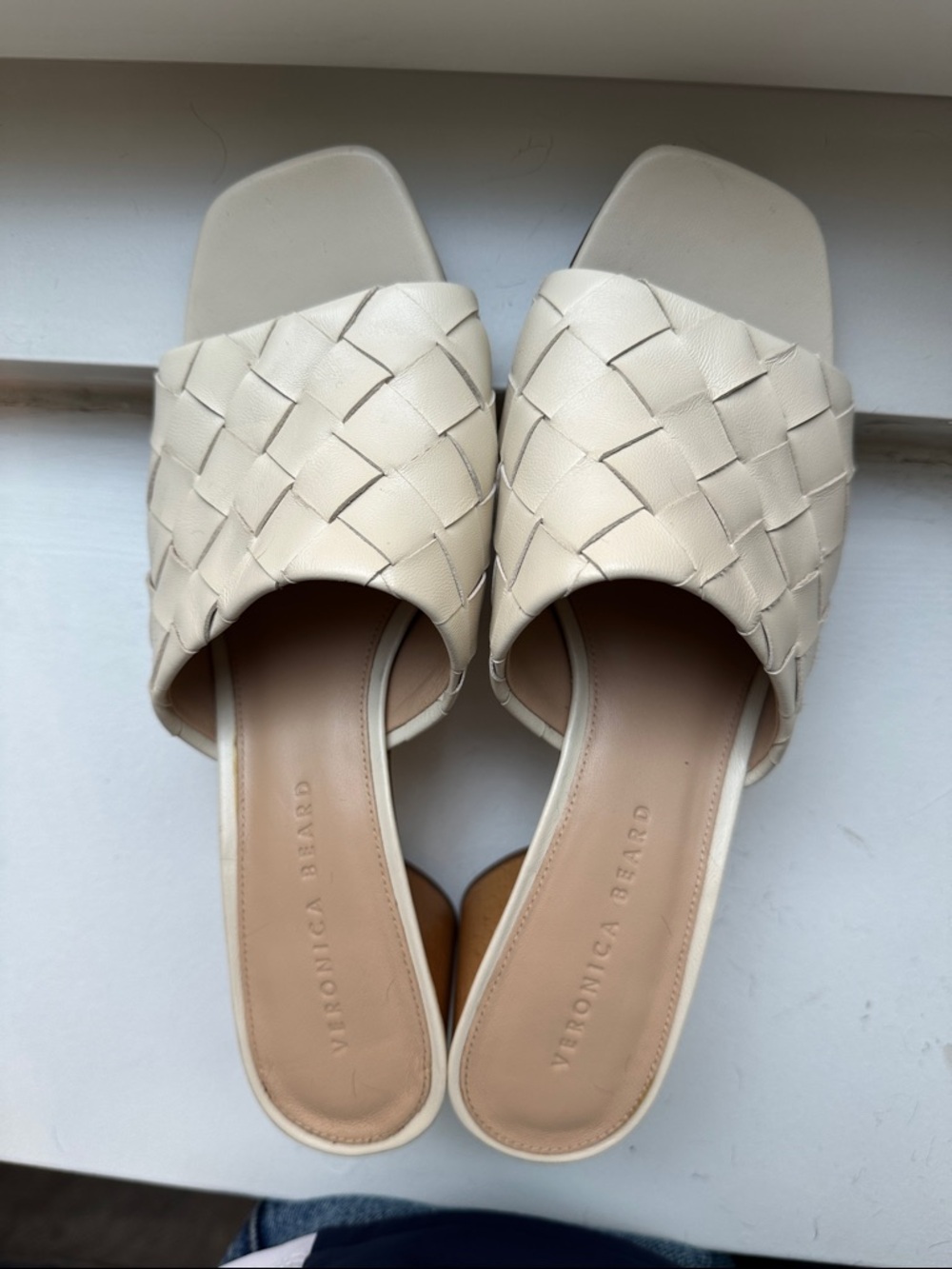Veronica Beard Womens Kiele White Leather Woven Slip On Heels Shoes Mules Sz 9